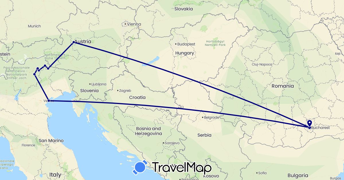 TravelMap itinerary: driving in Austria, Italy, Romania (Europe)